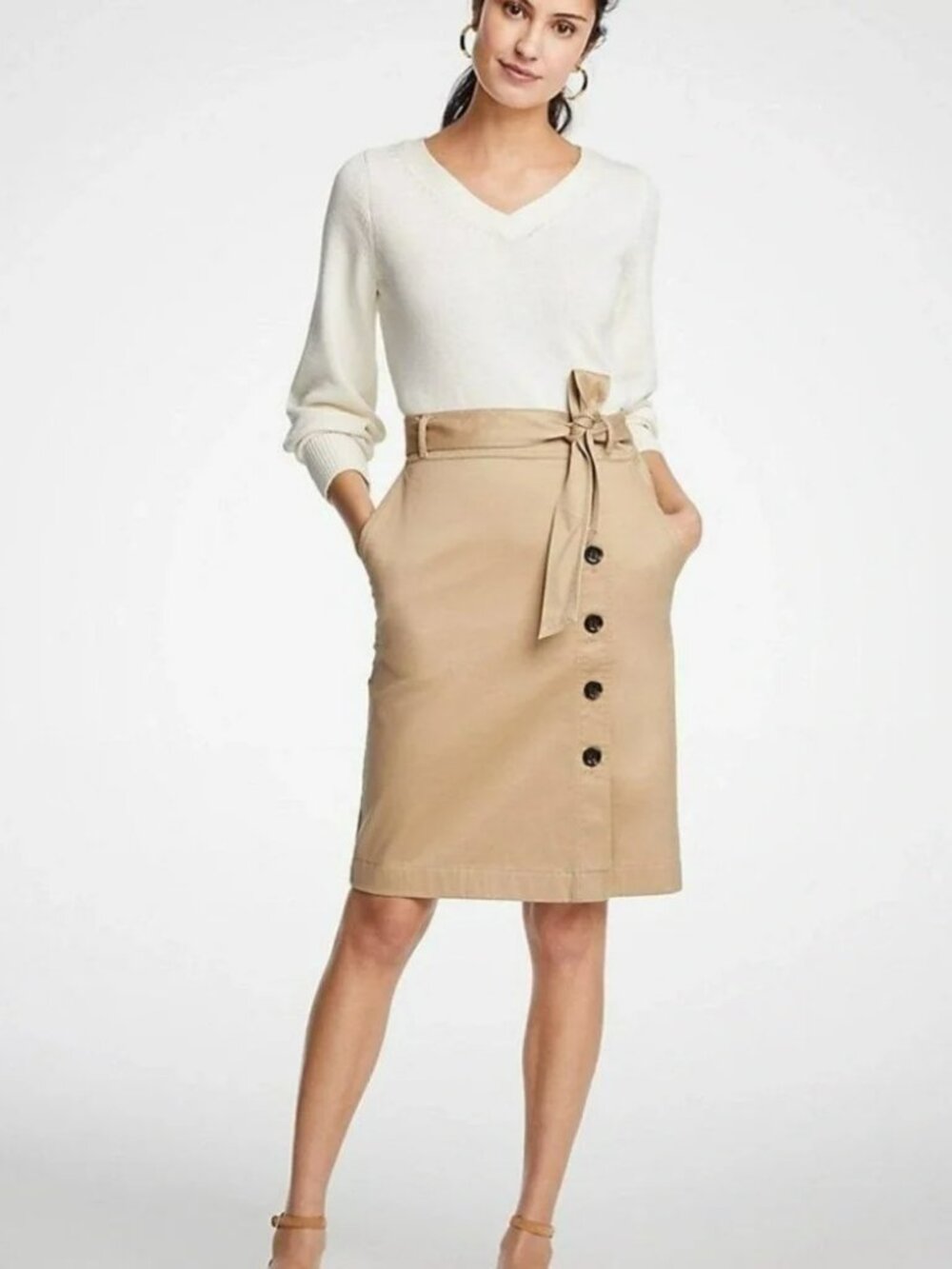 Ann Taylor Cotton Sateen Pencil Skirt Khaki Button Detail BELT NOT INCLUDED 0P